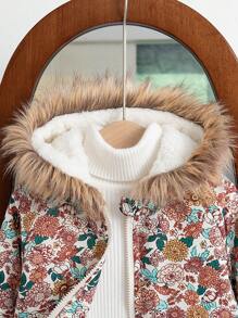 SHEIN Young Girl Floral Print Fur Collar Long Sleeve Padded Coat, Winter - Multicolor - View 6