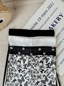 SHEIN LMoss Kids LMoss 4 件套女婴可爱卡通印花紧身弹力腰休闲裤套装 - 黑與白 - 查看 5