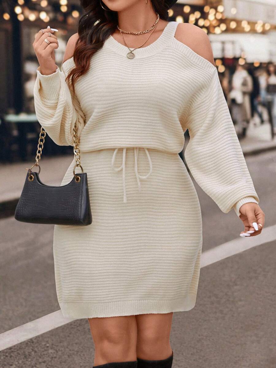 SHEIN LUNE Vestido de Tricô Manga Longa com Cintura Marcada, Decote Redondo e Halter, Plus Size, Cor Damasco, para Inverno - Damasco - Visão 1