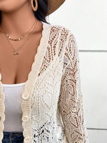 SHEIN VCAY 大码秋季浪漫钩针早午餐长袖开衫 - 杏色 - 查看 5