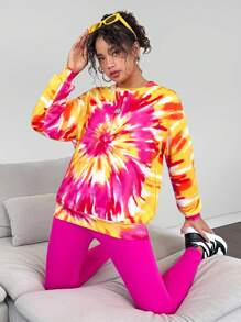 SHEIN Leap Crew 2 件青少年女孩扎染宽松运动衫和紧身裤休闲装 - 彩色 - 查看 2