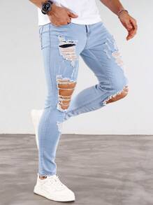 Manfinity Homme Men Pocket Ripped Casual Denim Skinny Trousers
