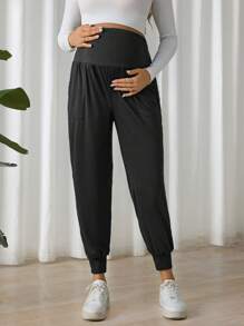 SHEIN Maternity Solid Color Adjustable Waist & Leg Cuff Casual Pants - Black - View 6
