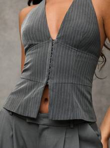SHEIN BAE Women V-Neck Tied Neck Solid Color Casual Blazer Jacket Striped Suit Top Office Siren Old Money Style Teacher Outfits Fall Wear - Grey - View 2