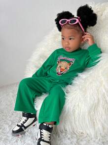SHEIN Explorewe Baby Girl 2pcs/Set Green Leopard Print Street Fashion Casual Sporty Outfit - Multicolor - View 4