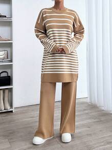 EURMUSE Woman Striped Crew Neck Casual Comfy Warm Sweater Pants Co-Ords - Camel - View 3