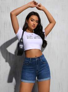 SHEIN Tall Women Solid Color Simple Daily Mid-Rise Skinny Denim Shorts - Medium Wash - View 1