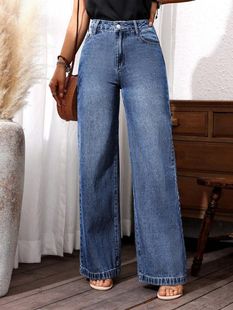 SHEIN LUNE Women Pocket Straight Loose Casual Versatile Jeans - Medium Wash - View 1