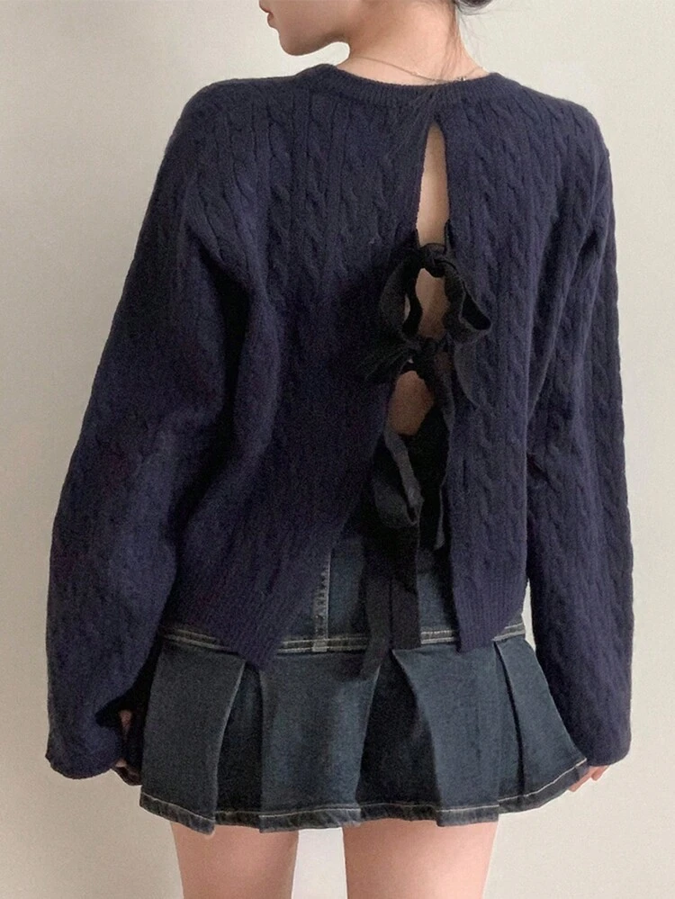Women's Round Neck Long Sleeve Bow Tie Knitted Sweater, Autumn,Fall Women Clothes