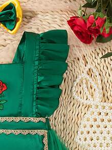 SHEIN Baby Girl Rose Embroidery Wood Ear Strap Mesh Stitching Bodysuit Spring And Summer Gorgeous  Elegant Fashion Comfortable Cute