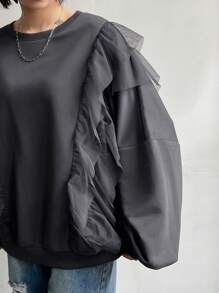 FRIFUL Women's Oversized Tulle Patchwork Fleece Sweatshirt,Long Sleeve Tops,Fall Women Clothes,Winter