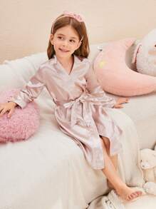 Girl Pajamas - Beige Solid Color Long Sleeve Robe Loungewear, Mommy And Me Matching Outfits (3 Pieces Sold Separately)