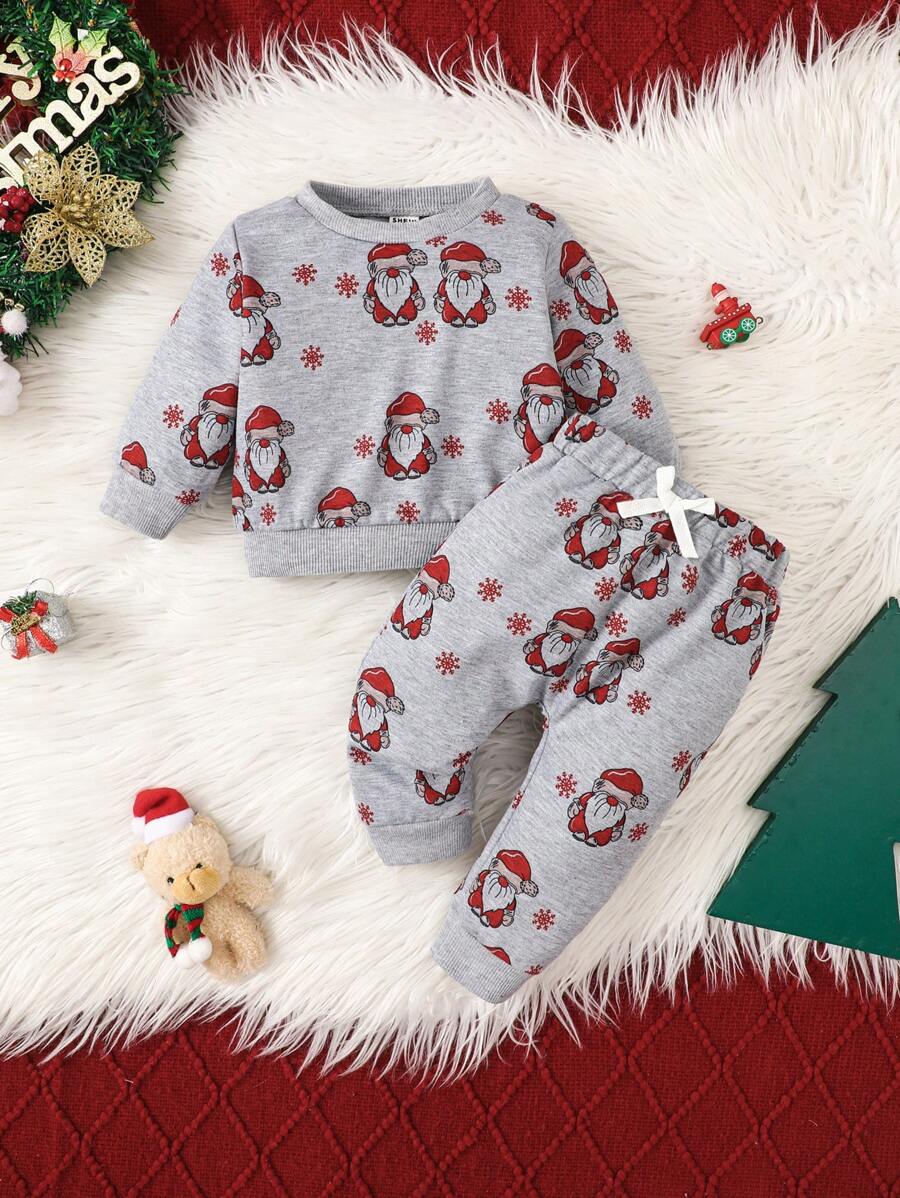 男婴圣诞老人印花衬衫和裤子两件套服装 - 灰色 - 查看 1