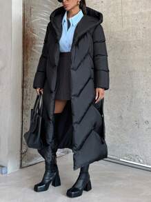 EURMUSE Crossover Quilted Hooded Puffer Women's Long Down Coat - Black - View 4