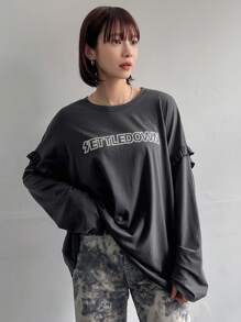 FRIFUL Camiseta gris de manga larga con estampado de letras, volantes y parches, ropa de otoño con gráfico - Gris - Ver 4