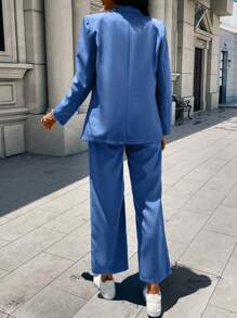 SHEIN Clasi 2pcs Casual Solid Color Lapel Double-Breasted Jacket And Pants Suit Set, Spring Autumn - Blue - View 2
