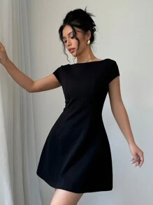 Rafferiza Women's Elegant & Sophisticated U-Neck Backless Fitted Dress, Black