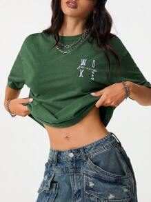 SHEIN EZwear 女士休闲基本款水洗刺绣百搭绿色 T 恤 - 軍綠色 - 查看 7