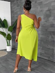 Maweii Plus Size Solid Color Asymmetric Neck Circular Decoration Sleeveless Dress