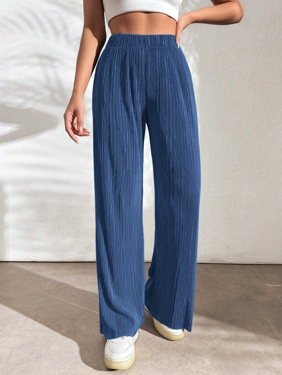 EURMUSE Women's Elastic Waist Solid Color Straight Loose Casual Woven Ribbed Long Pants - Royal Blue - View 1