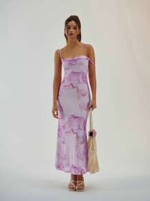 Aloruh 全新优雅粉色大理石印花修身垂坠领美人鱼连衣裙 - 淡紫色 - 查看 5