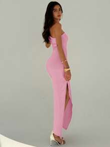 Aloruh Robe moulante à fente haute avec décor torsadé à la taille et épaules dénudées élégante - Rose bonbon - Voir 7