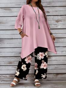 EMERY ROSE 2pcs Set Casual Plus Size Pink Floral Print 3/4 Sleeve Top And Pants, For Summer,Holiday Outfits