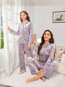 SHEIN Conjunto de pijama casual de 2 piezas de manga larga con estampado floral, compuesto por cardigan y pantalones, para mujer y de juego a juego mamá e hija (se venden por separado 2 conjuntos)