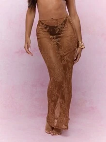 MISSGUIDED 透明蕾丝铅笔中长裙，后开衩