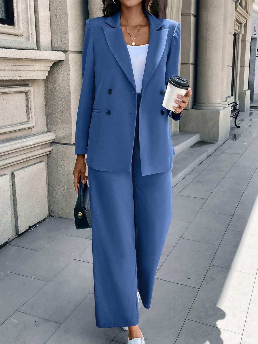 SHEIN Clasi 2pcs Casual Solid Color Lapel Double-Breasted Jacket And Pants Suit Set, Spring Autumn - Blue - View 1