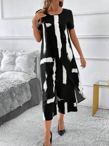 SHEIN Clasi 女式短袖不对称下摆开叉衬衫搭配阔腿裤，黑白笔触涂鸦图案，优雅的两件套适合春季、夏季、秋季 - 非常适合日常穿着、通勤、活动、教学等。 - 黑與白 - 查看 2