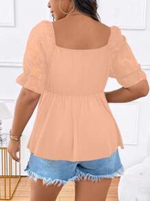 Breezaya Große Größen, Plissiertes Hemd mit herzförmigem Kragen, Puffärmeln, Blumenstickerei, lässig für jeden Tag