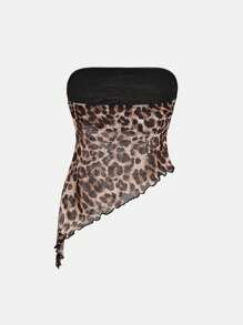 SHEIN Girlism Teen Girls Knitted Mesh Leopard Print Asymmetric Hem Camisole Tank Top