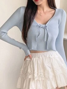 DAZY 2pcs Women Solid Color Spaghetti Strap Camisole And Front Tie Crop Top Set,Fall Clothes - Blue - View 1