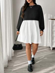 SHEIN EZwear 加大码黑白拼接卫衣连衣裙 - 黑與白 - 查看 4