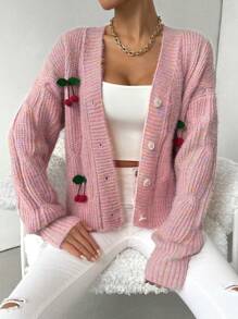 SHEIN Unity Women's Casual Cardigan With Cherry Decor, For Autumn And Winter Fall Cloth For Women - Pink - View 1