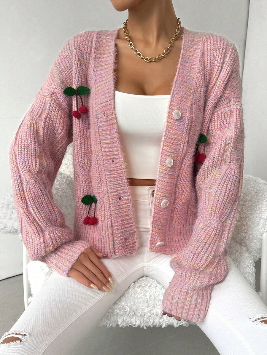 SHEIN Unity Women's Casual Cardigan With Cherry Decor, For Autumn And Winter Fall Cloth For Women - Pink - View 1