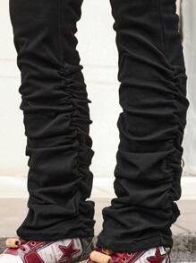 SHEIN Teen Boy Casual Fashionable Soft And Comfortable Mix Cool Black Pile Leg Stretch Jeans For Dailywear And Back To School - Black - View 4