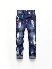 Tween Boys Washed Denim Jeans With Ripped & Graffiti Design, Casual - Dark Wash - View 1