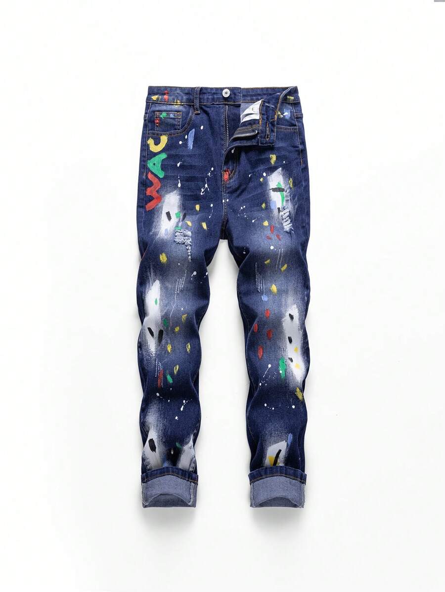 Tween Boys Washed Denim Jeans With Ripped & Graffiti Design, Casual - Dark Wash - View 1