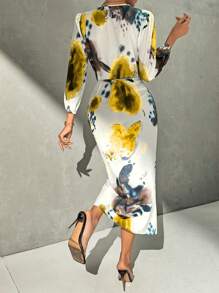 SHEIN Privé 优雅印花染色交叉 V 领长袖开衩中长连衣裙套装，夏季 - 彩色 - 查看 6