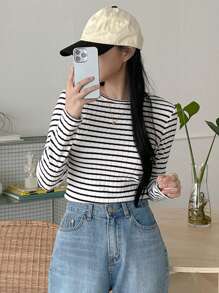 DAZY 女士休闲条纹保暖T恤，秋冬长袖女式上衣，保暖内衬 - 黑與白 - 查看 6