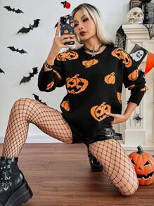 Chiquease Áo len chui đầu họa tiết bí ngô Halloween, áo len chui đầu mùa thu đông. - màu đen - Xem 5