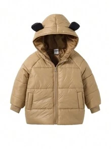 年轻男孩纯色前拉链长袖连帽棉衣外套，休闲日常穿着 - 卡其色 - 查看 1