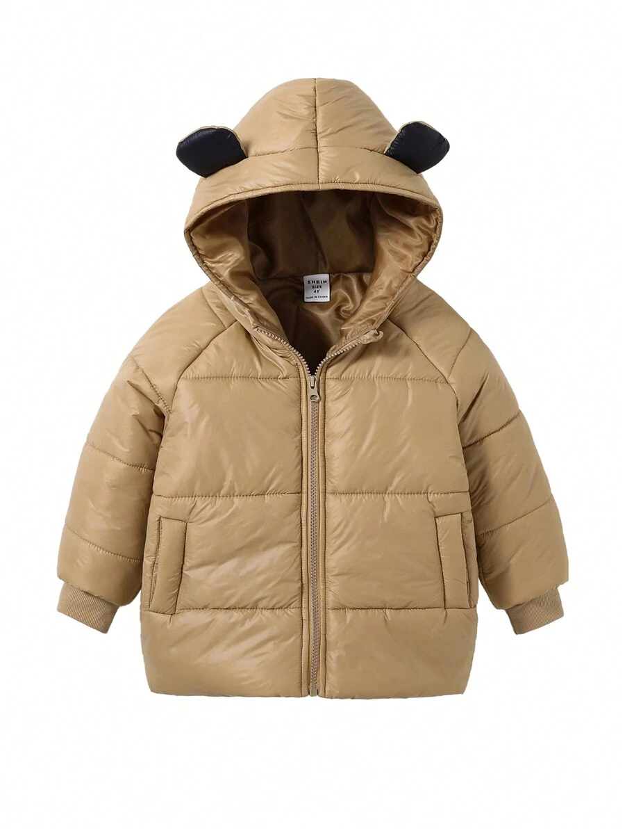 年轻男孩纯色前拉链长袖连帽棉衣外套，休闲日常穿着 - 卡其色 - 查看 1