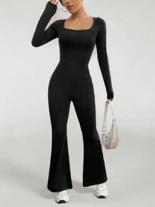 SHEIN PETITE Square Neck Flare Leg Black Jumpsuit - Black - View 6