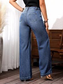 SHEIN LUNE Women Pocket Straight Loose Casual Versatile Jeans - Medium Wash - View 2