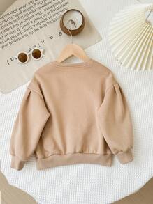 SHEIN LMoss Kids LMoss Young Girl 针织纯色圆领拼布编织格子蝴蝶结休闲运动衫 - 卡其色 - 查看 6