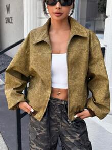 SHEIN EZwear Women's Solid Color Minimalist Daily Wear Lapel Long Sleeve PU Leather Jacket