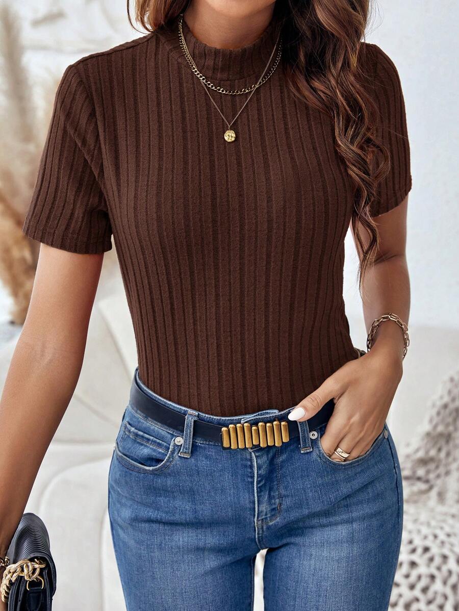 SHEIN Clasi Women's Solid Color Ribbed Crew Neck Short Sleeve T-Shirt - Coffee Brown - View 1